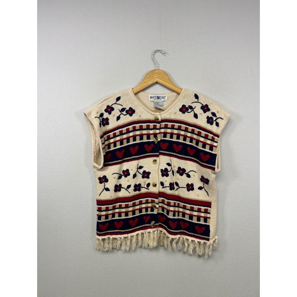 Cottagecore White Stag Womens Medium Cream Floral Heart Knit Fringe Sweater Vest